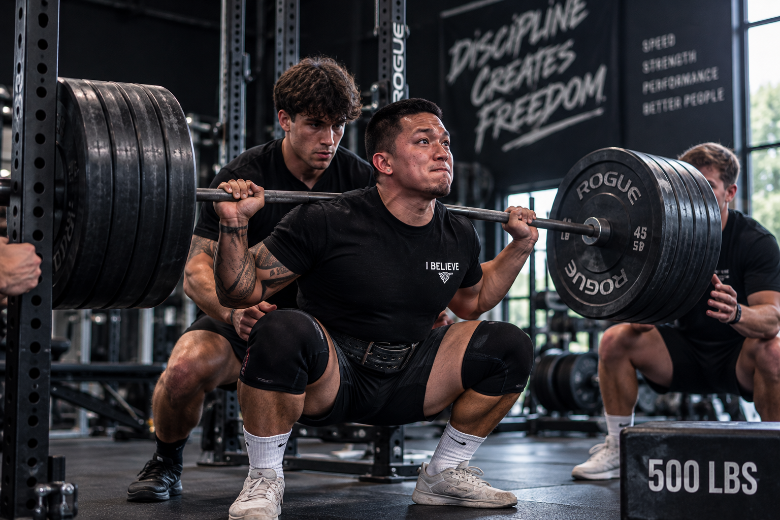 Athlete squatting heavy under coaching supervision