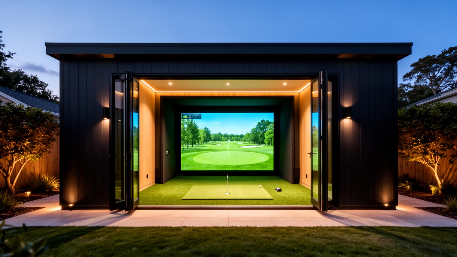 Modern backyard golf simulator shed at dusk